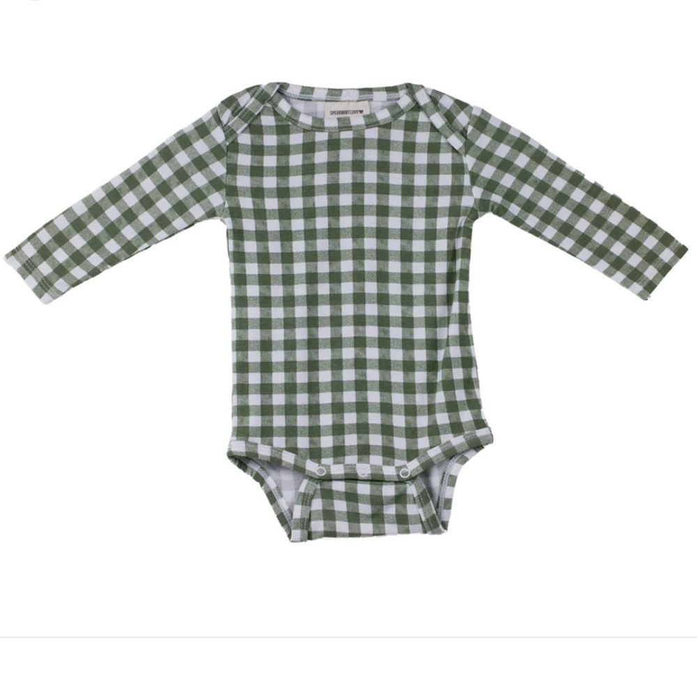 SpearmintLOVE Baby Sage Gingham Long Sleeve Bodysuit